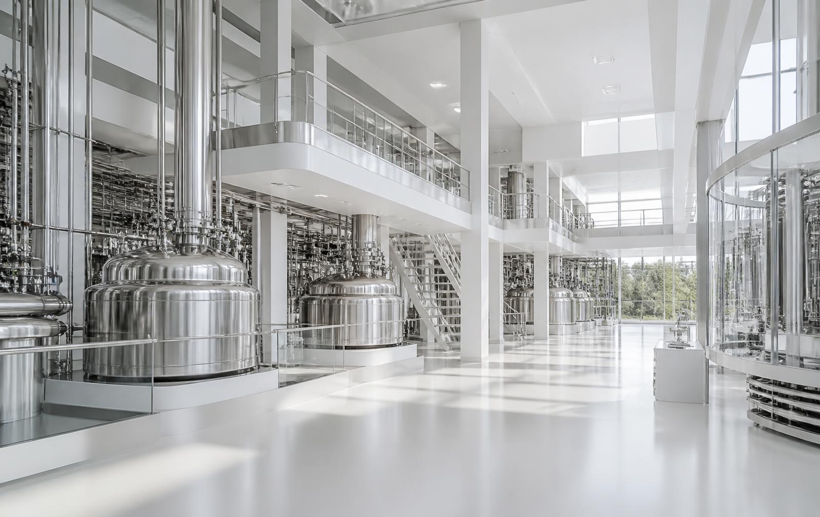Placeholder: polymer manufacturing hall with stainless reactors